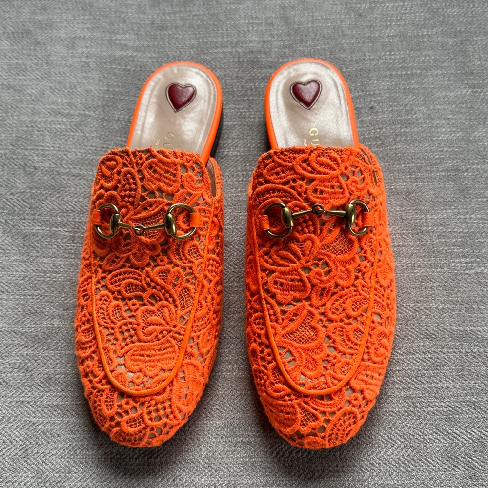 Gucci Princeton Vibrant Orange Lace Mules Size 36